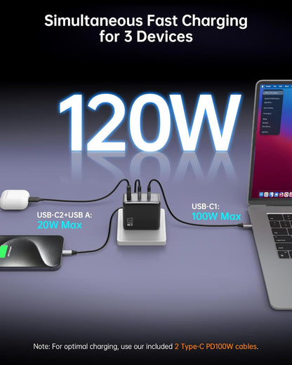 100W USB C Charger, 120W MacBook Pro Charger, 3-Port GaN Fast Charger with PD3.0, PPS, USB C Charger for MacBook pro & MacBook Air, ipad Air, iPhone 15, iPad, Laptops and All USB C Device