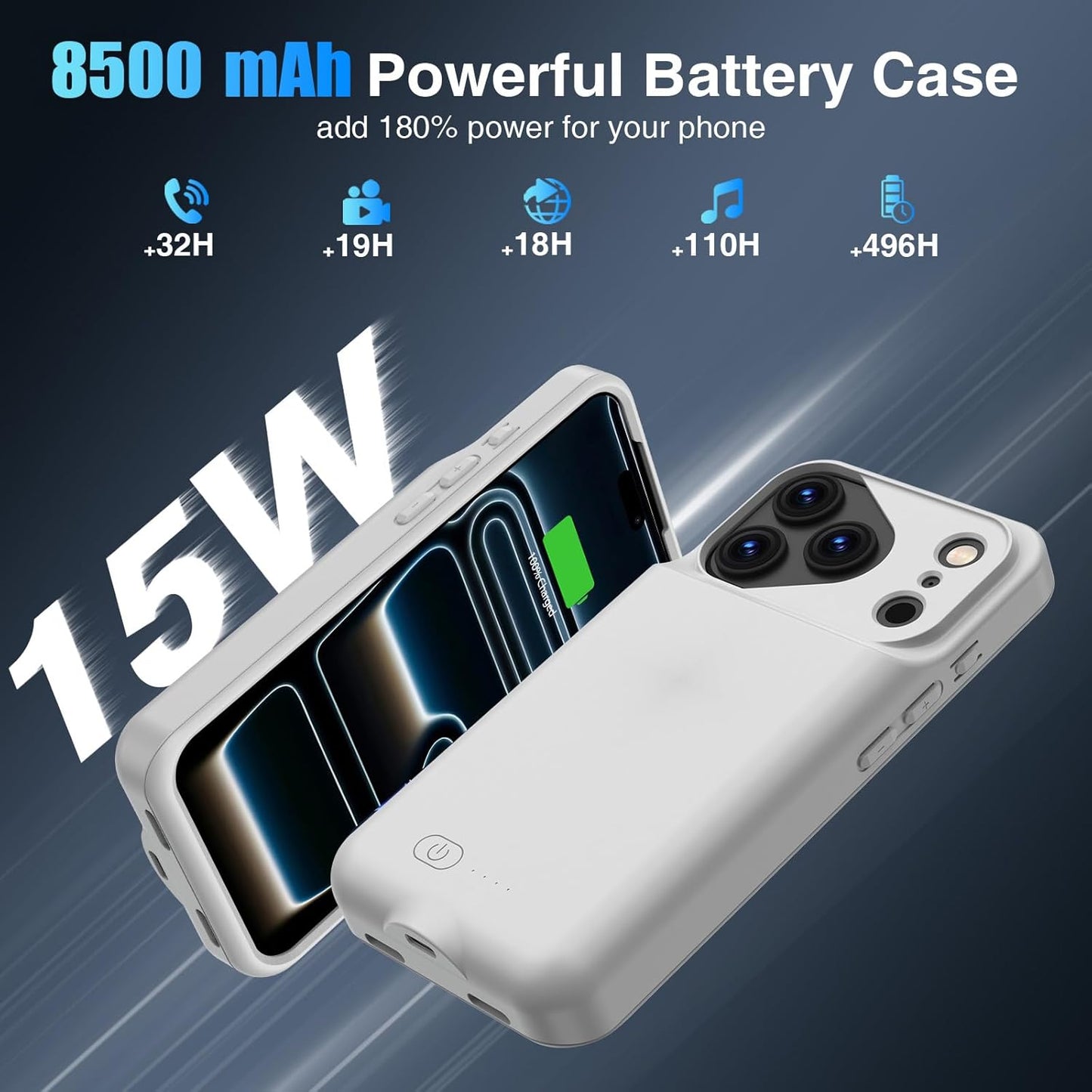 Battery Case for iPhone 17 Pro, Charging Case Charger 8500mAh Ultra-Slim Lightweight Powerful Battery Pack 15W Fast Rechargeable Anti-Fall TPU Juice Box for iPhone 17 Pro (6.3") Grey