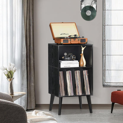 Lerliuo Record Player Stand, Black Turntable Stand Holds up to 160 Albums, Mid-Century Vinyl Storage Cabinet Table with Solid Wood Legs, Record Player Holder Dispaly Shelf for Bedroom Living Room