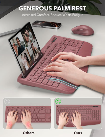 Wireless Keyboard and Mouse Combo - Full-Sized Ergonomic Keyboard with Wrist Rest, Phone Holder, Sleep Mode, Silent 2.4GHz Cordless Keyboard Mouse Combo for Computer, Laptop, PC, Mac, Windows