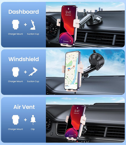 MOKPR Wireless Car Charger, 15W Fast Charging Auto-Clamping Car Mount Hands-Free Car Charger Mount for Dash Windshield Air Vent Compatible with iPhone 16 15/14/13/12, Samsung S23/S22/S21 Pink