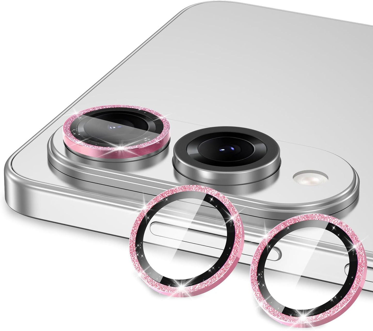 for Samsung Galaxy S25 Edge Camera Lens Protector, Individual Metal Ring Tempered Glass Lens Cover, [Strong Adsorption] Scratch Resistant Ultra-Thin HD Clear Lens Cover, 1 Set-Pink Sparkly