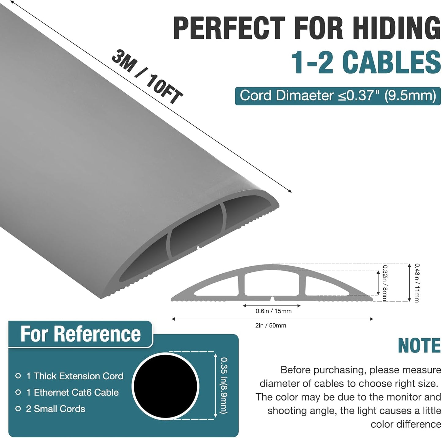 Floor Cord Cover, Cable Protector, 0.63W x 0.31H inches, Wire Cover for Extension Cords, Floor Cable Covers Prevent Cable Trips (Gray, 50-10 Feet)