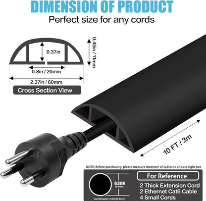 Floor Cord Cover Cavity 0.8"x0.37" Self Adhesive Cord Hider, 10FT Low Profile Cable Management, Extension Strip Protector for Wires, Prevent Cable Trips for Offices, Gyms, Exhibitions（Black）
