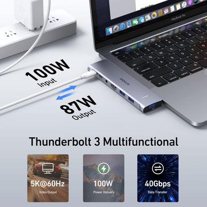MacBook Pro Adapter, USB C Adapter for MacBook Pro/Air M1M2M3 2022 2021 2020 13" 15" 16", Mac Dongle with 4K HDMI, 3 USB 3.0, USB C 3.0 and 100W Thunderbolt 3, Audio, Support MagSafe 3 Charging