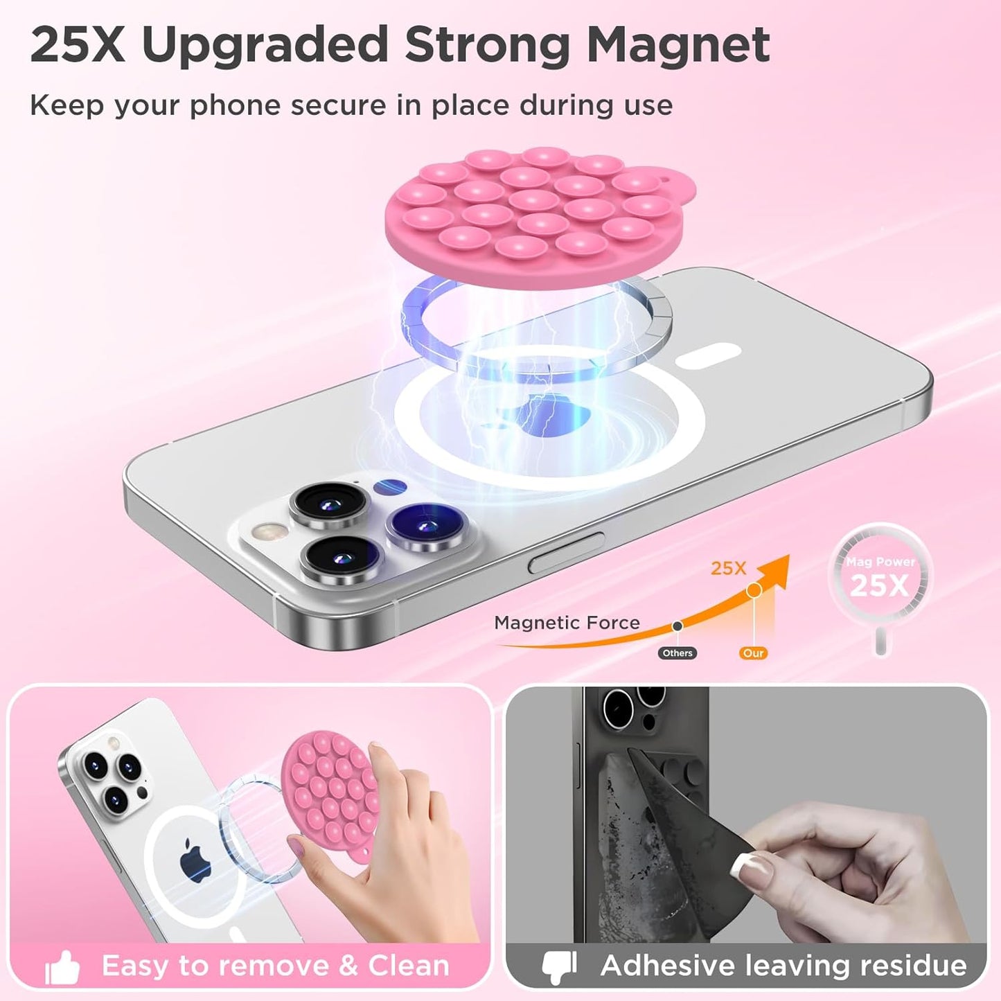 Magnetic Suction Cup Phone Mount for MagSafe Case, Silicone Hands-Free Phone Grip Holder for iPhone and Android, Mirror Shower Phone Stand for Makeup FaceTime Gym Kitchen Bathroom, Tender Pink