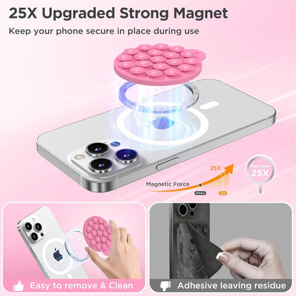 Magnetic Suction Cup Phone Mount for MagSafe Case, Silicone Hands-Free Phone Grip Holder for iPhone and Android, Mirror Shower Phone Stand for Makeup FaceTime Gym Kitchen Bathroom, Tender Pink