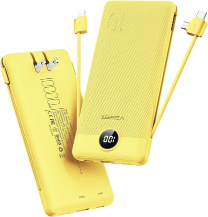 VEGER Portable Charger for iPhone with Built in Cables and Wall Plug, 10000mah Slim Fast Charging USB C Power Bank, Travel Essential Battery Pack Compatible with iPhone, iPad, Samsung etc(Yellow)