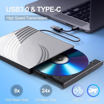 External CD/DVD Drive for Laptop, Ultra Slim CD Burner USB 3.0 Hub with 4 USB Ports, 2 TF/SD Card Slots,1 Type-C Port,DVD Player for Laptop Compatible with mac OS/Windows/Linux (Silver)