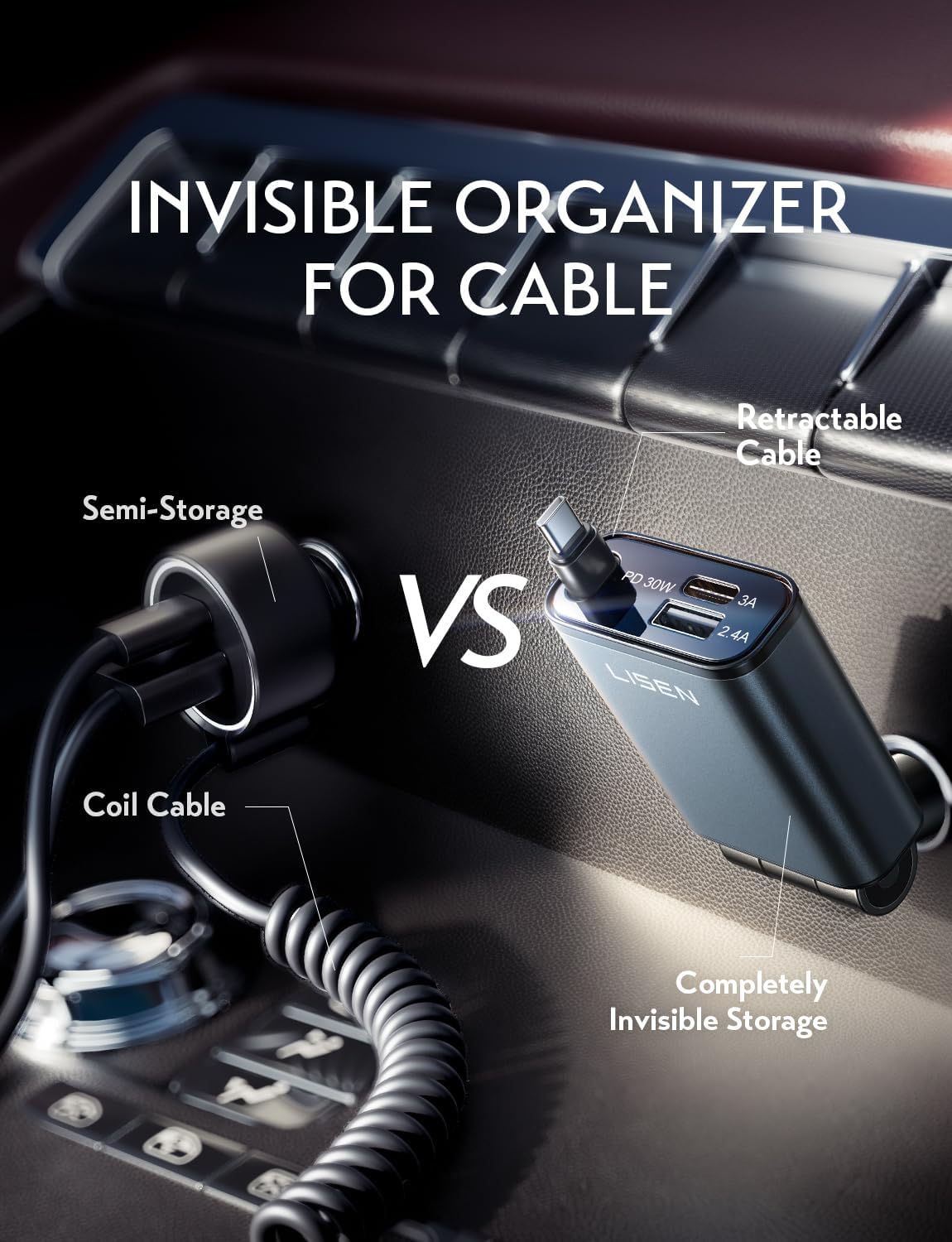 LISEN Car Charger USB C Fast Charging Retractable,【75% Less,Ultra Mini】 57W Fast iPhone 16/15 USBC Type C Car Charger Retractable for iPhone 16e 16 15 Pro Max Plus，Samsung Galaxy S25/24，Android,Black