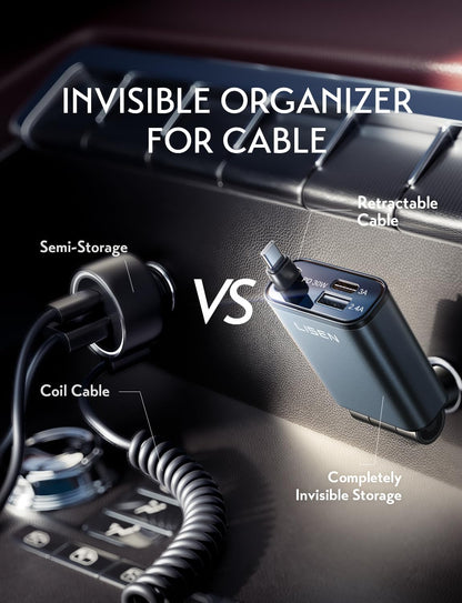 LISEN Car Charger USB C Fast Charging Retractable,【75% Less,Ultra Mini】 57W Fast iPhone 16/15 USBC Type C Car Charger Retractable for iPhone 16e 16 15 Pro Max Plus，Samsung Galaxy S25/24，Android,Black