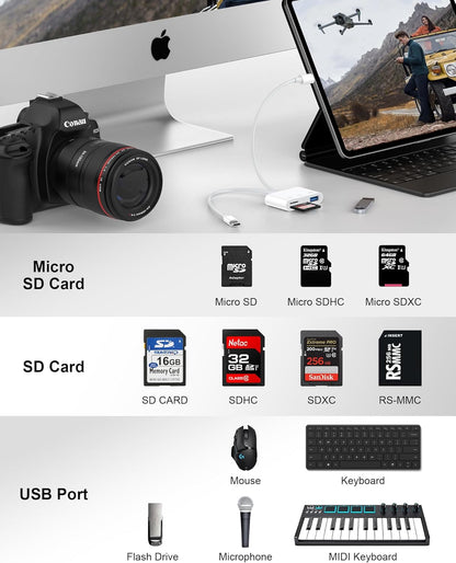SD Card Reader for iPhone, iPad, Samsung, Memory SD Card Reader USB C&Lightning Dual Port Micro SD Card Reader with USB Camera Adapter Plug and Play Trail Game Camera Card Viewer Supports SD/TF Card