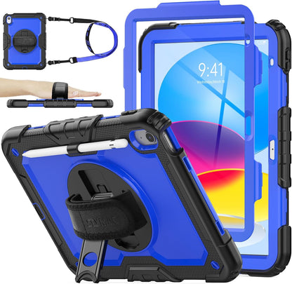 SEYMAC stock Case for iPad (A16) 11th/10th Generation 11''/10.9'' 2025/2022, Full-Body Drop Protection Case with Screen Protector &360° Rotate Hand Strap/Stand, Blue+Black