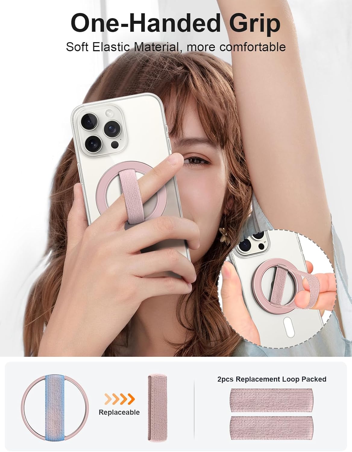 EWA MagOne Solo Phone Grip with Replaceable Elastic Finger Loop, Removable Magnetic Ring Holder Loop, Accessories for iPhone 16,15, 14, 13 Pro/Max/Plus, No Stand-Rosegolden