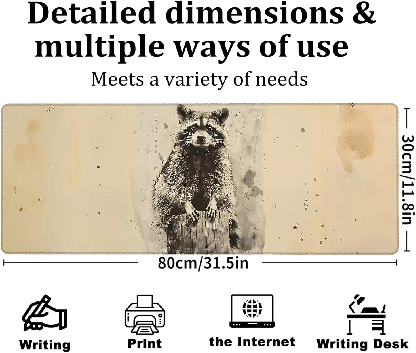 Vintage Raccoon Gaming Mouse Pad, Large Office Desk Mat, Anti-Slip Rubber Base Mousepad for Computer Laptop Keyboard, Smooth Desk Pad for Home Office Gamer Work Accessories 31.5" x 11.8"