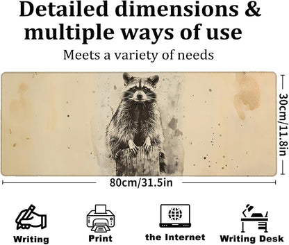 Vintage Raccoon Gaming Mouse Pad, Large Office Desk Mat, Anti-Slip Rubber Base Mousepad for Computer Laptop Keyboard, Smooth Desk Pad for Home Office Gamer Work Accessories 31.5" x 11.8"