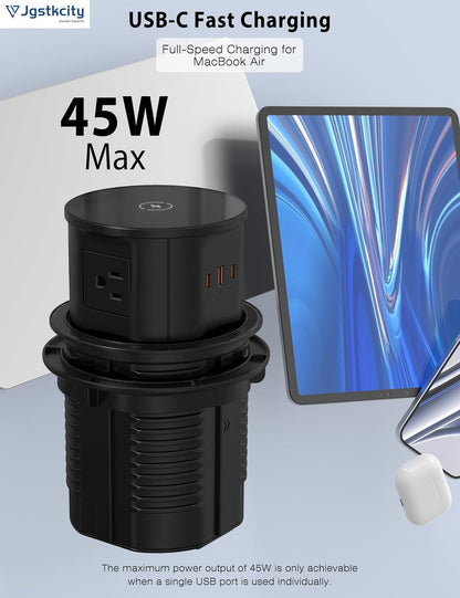 Pop up Outlet for Countertop with Wireless Charger,45W USB C Port, 4.7'' Diameter Round Pop Up Counter Outlet with AC Outlets,USB Ports,Hidden Outlet,Pop Out Outlet