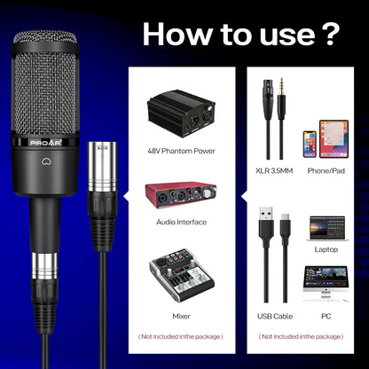 Condenser Microphone XLR,Professional Studio Recording Microphone for Computer PC,Cardioid Podcast Mic Kit with Boom Arm,Gaming Microphone for Streaming,ASMR,Singing,Voice Over,Vocal,YouTube,Zoom