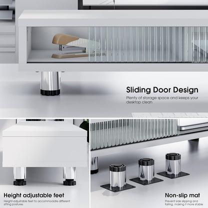 Fenge Dual Monitor Stand, 42.5inch Long Monitor Stands Riser for 2 Monitors, Sliding Door with Storage Organizer Stand for Desk, 2 Tier Desk Shelf for Laptop, Pc, Printer, Computer, TV