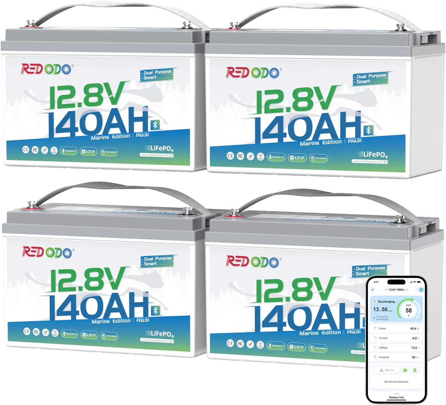 Redodo 12V 140Ah Dual Purpose Lithium Marine Battery, 1000CCA Group 31 Bluetooth Starting Battery with Self Heating, 4 Pack
