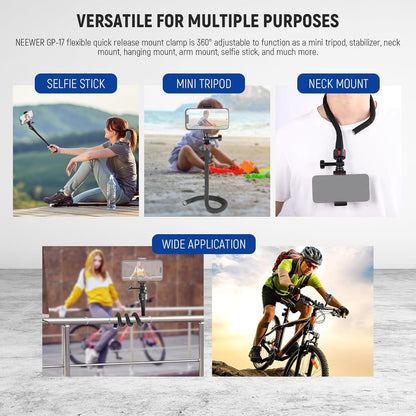 NEEWER Flexible Phone Holder with Magnetic Quick Release Camera Mount Compatible with Insta360 DJI Action 4 iPhone, Bendable Selfie Stick for Shopping Cart/Stroller/Treadmill/Gym, GP-17