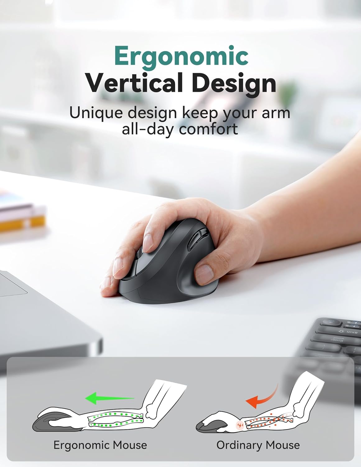 TECKNET Ergonomic Mouse, 4800 DPI Wireless Vertical Mouse, 5 Adjustable DPI Levels, 6 Buttons, 2.4G Silent Wireless Mouse for Laptop, PC, Chromebook, Mac - Black