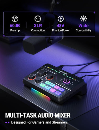 Fifine Gaming Audio Mixer for 7.1ch Surround Sound Headphone Amp-Volume Control-Voice Chat and Streaming-XLR Mic Preamp-USB Plug&Play-Voice Changer-RGB-3 EQ Modes Ampligame SC8