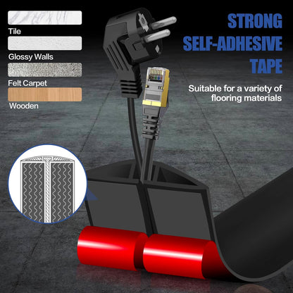 Floor Cord Cover Cavity 0.8"x0.37" Self Adhesive Cord Hider, 10FT Low Profile Cable Management, Extension Strip Protector for Wires, Prevent Cable Trips for Offices, Gyms, Exhibitions（Black）