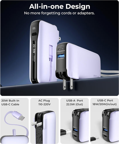 Portable Charger with Built-in USB-C Cable & Plug, 10,000mAh 5V/4.5A Power Bank Fast Charging 22.5W, Travel Essential Battery Pack 3 Output for iPhone 16/15 Series, Samsung Galaxy, iPad, 1 Pack