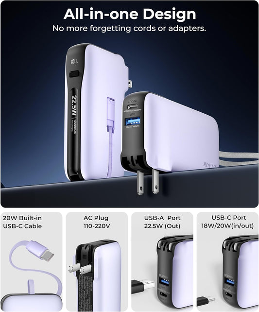 Portable Charger with Built-in USB-C Cable & Plug, 10,000mAh 5V/4.5A Power Bank Fast Charging 22.5W, Travel Essential Battery Pack 3 Output for iPhone 16/15 Series, Samsung Galaxy, iPad, 1 Pack