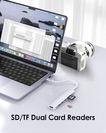 LENTION USB C Hub with 100W Charging, 4K HDMI, Dual Card Reader, USB 3.0 & 2.0 Compatible MacBook Pro, New Mac Air/Surface, Chromebook, More, Stable Driver Adapter (CB-CE18, Silver)