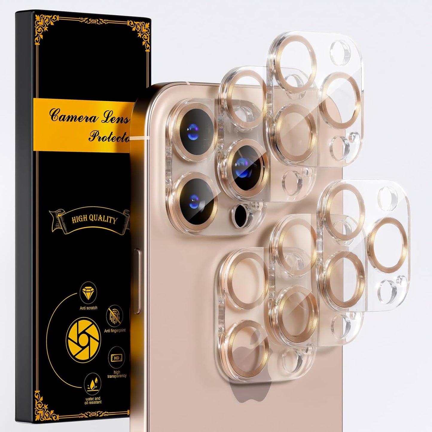 beuxece for 6 Pack iPhone 16 Pro/iPhone 16 Pro Max Camera Lens Protector [Drop Protection] [Case Friendly] [Easy Installation] 9H Tempered Glass Camera Screen Protector Cover, CD Gold