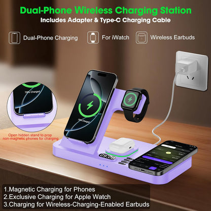 Dual Phone Wireless Charging Station for Apple Devices, Magnetic Charging Station for iPhone with Auto Switch 7-Color Light&Clock,Family Watch Charger for iPhone17 for iWatch10 for AirPods Pro3(Purple