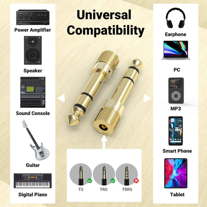 Cubilux 6.35mm to 3.5mm Audio Adapter, Gold Plated 1/4” Male to 1/8” Female TRS Stereo AUX Connector Converter for Guitar Keyboard Digital Piano Studio Monitor Amplifier Mixer Splitter, 6-Pack