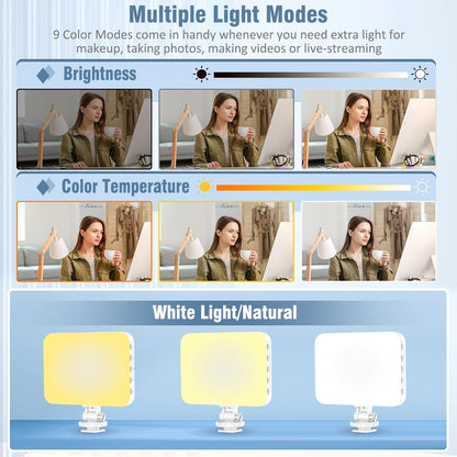 60 LED Portable Selfie Light Video Conference Lighting with Clip & Camera Tripod Adapter Rechargeable 2200mAh CRI 97+, 9 Light Modes for Phone iPhone Webcam Laptop Photo Makeup