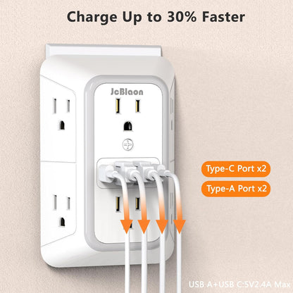 USB Wall Charger Power Strip Surge Protector with 4 USB Ports (2 USB C) Plug Extension Multiple Outlets Plug Extension Multi Outlet Plug in Adapter Spaced Outlets for Home Office Travel,White (White)