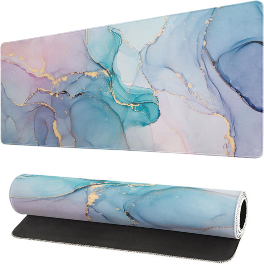 Teal Marble Extended Mouse Pad 31.5x11.8 Inch Turquoise Desk Marble Mousepad Extended Large Non-Slip Rubber Base Waterproof Big Keyboard Mat with Stitched Edges for Gaming and Office