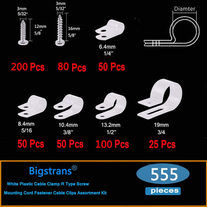Bigtrans 555 Pcs Nylon Plastic R-Type Wire Clips with Screws 1/4" 5/16" 3/8" 1/2" 3/4" Clamps Fasteners Assortment for Cable Conduit -5 Size -White