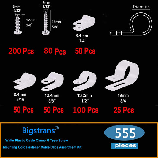 Bigtrans 555 Pcs Nylon Plastic R-Type Wire Clips with Screws 1/4" 5/16" 3/8" 1/2" 3/4" Clamps Fasteners Assortment for Cable Conduit -5 Size -White