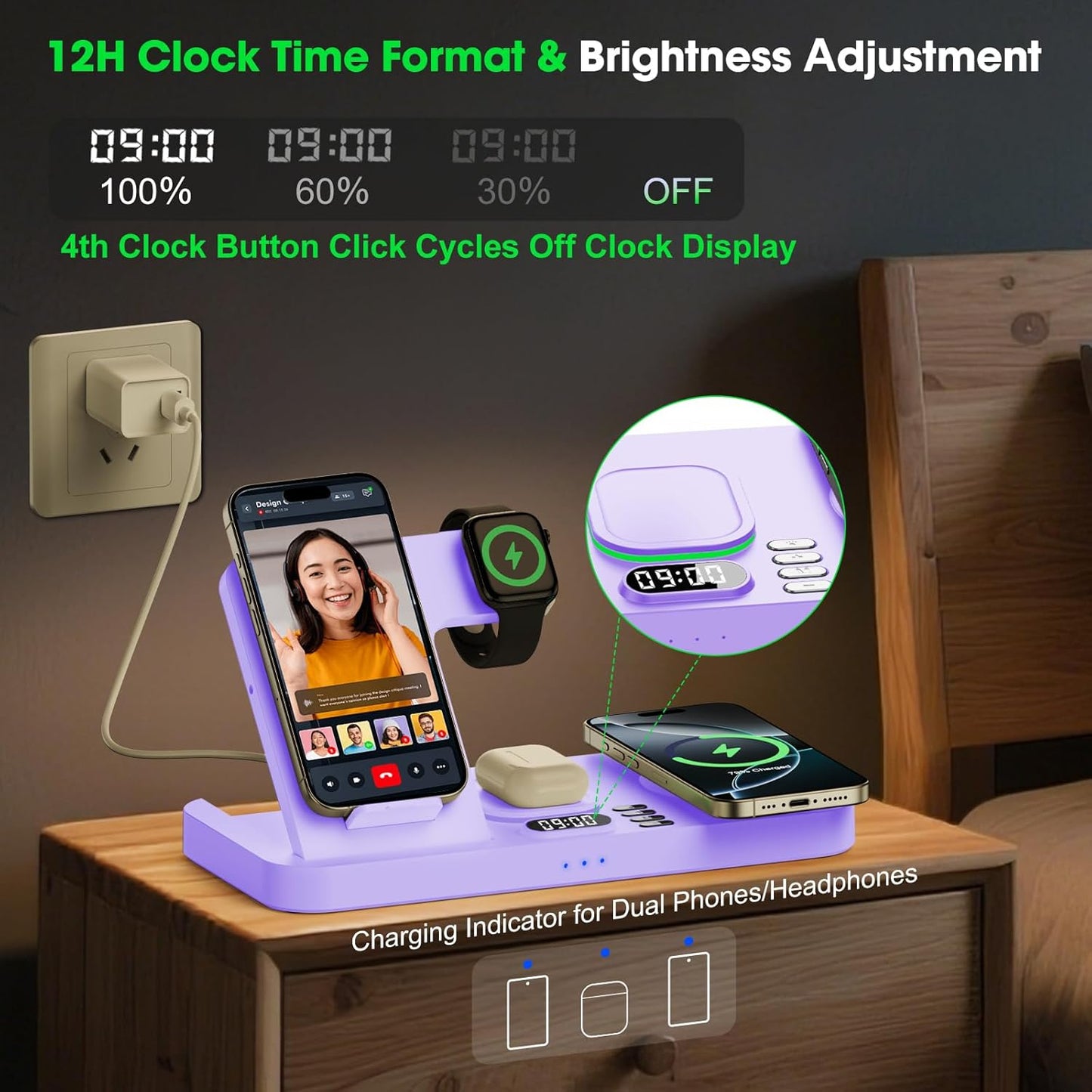 Dual Phone Wireless Charging Station for Apple Devices, Magnetic Charging Station for iPhone with Auto Switch 7-Color Light&Clock,Family Watch Charger for iPhone17 for iWatch10 for AirPods Pro3(Purple