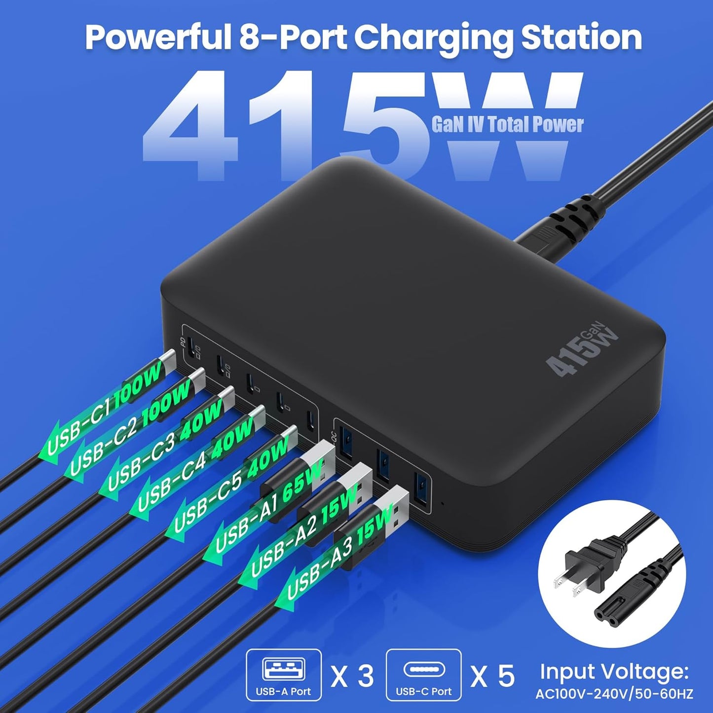USB C Charger 415W USB C Charger Block, 8-Ports GaN IV Fast Charging Station Hub, Dual PD 100W Laptop Charger Adapter,for MacBook Pro/Air/iPad/iPhone16/15/14/Apple Watch/DELL/Samsung for Home Office