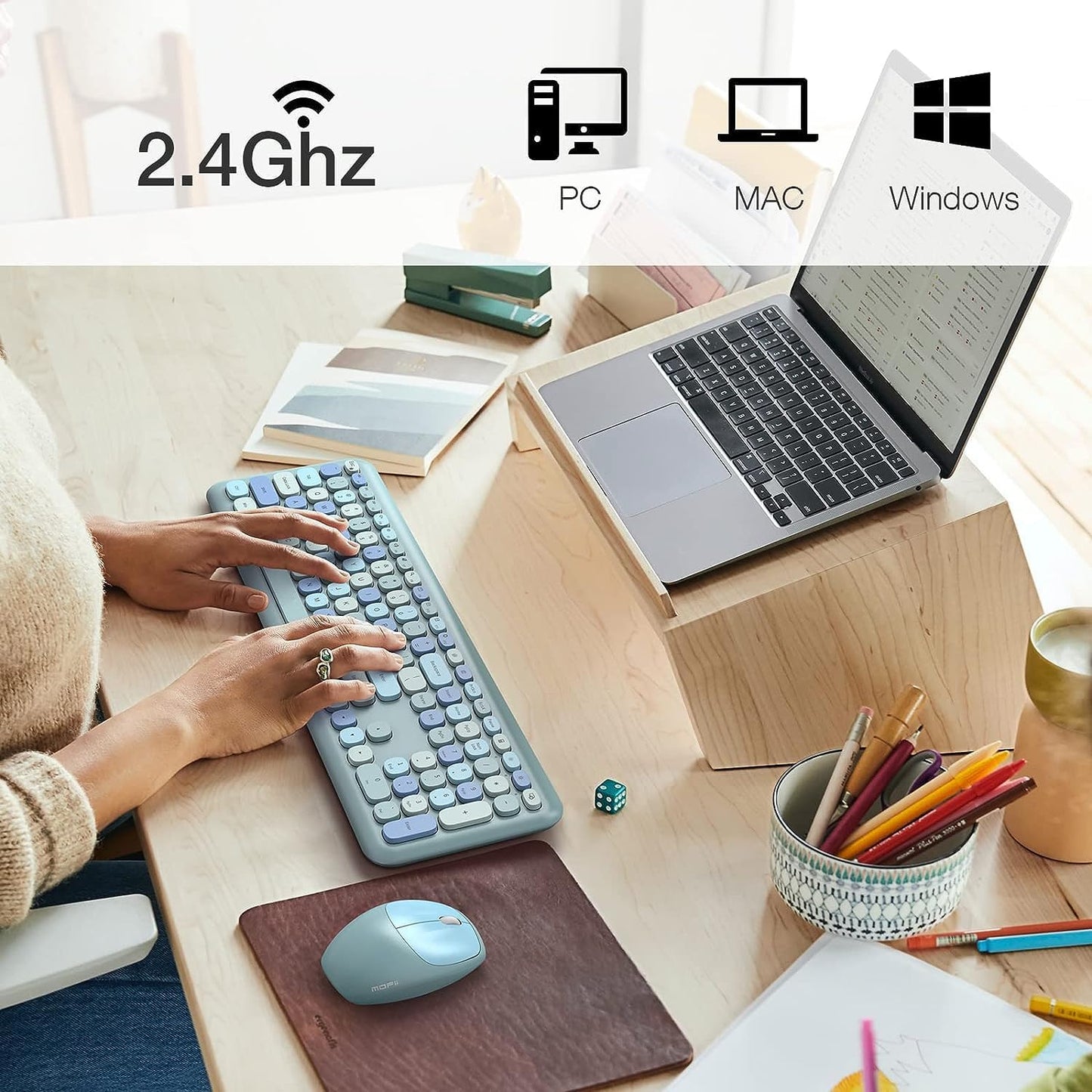 KNOWSQT Wireless Keyboard and Mouse Combo, Pale Blue Full-Sized 2.4G Silent Keycap Colorful Keyboards, USB Dongle Plug Play, for Laptop, Windows, PC, Computer, Desktop