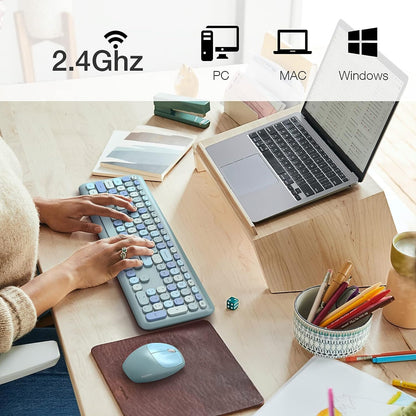 KNOWSQT Wireless Keyboard and Mouse Combo, Pale Blue Full-Sized 2.4G Silent Keycap Colorful Keyboards, USB Dongle Plug Play, for Laptop, Windows, PC, Computer, Desktop