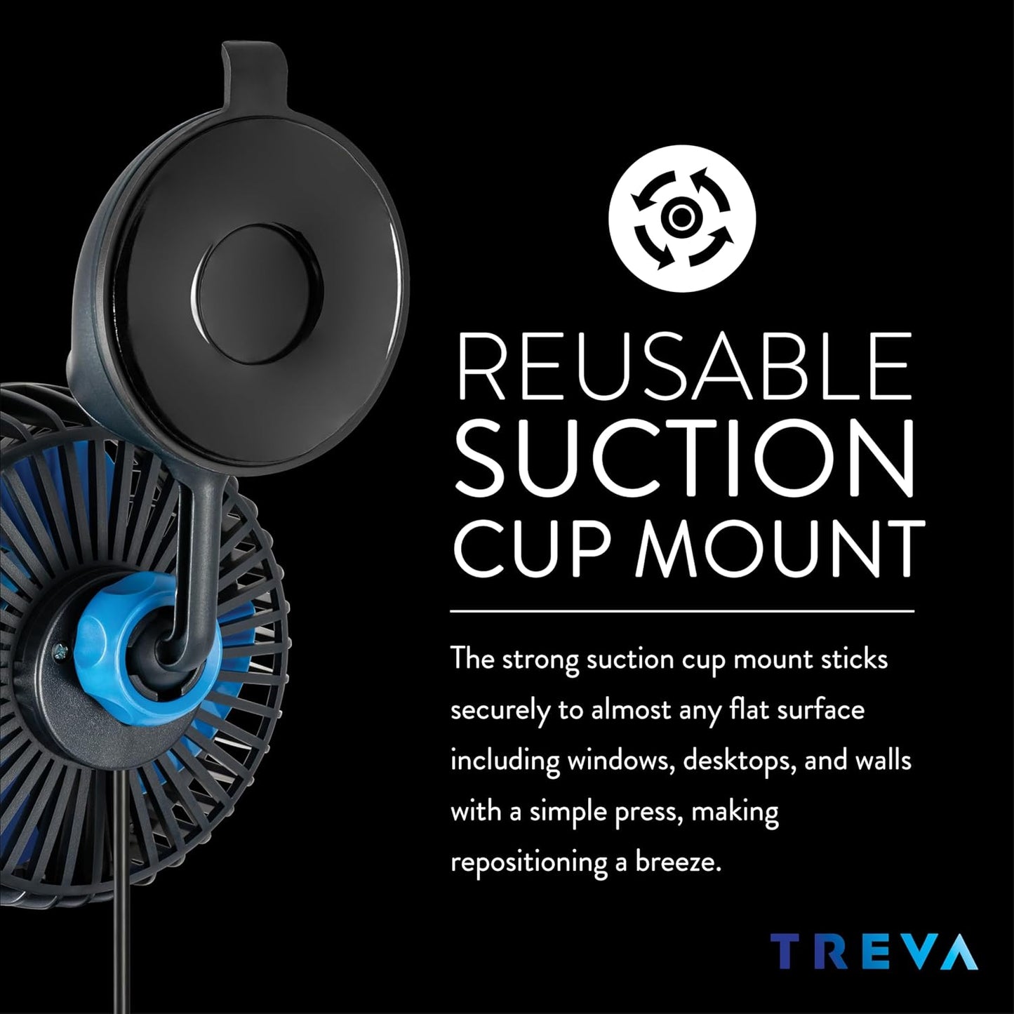 Treva 3.5 Inch USB Powered Fan with Suction Cup, 3 Speed Attachable Fan with Rotating Head for Car, Camping, Travel, Bedroom, Multi-Directional Rotating and Adjustable Head (Black)