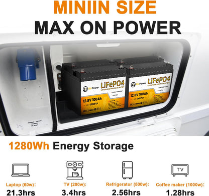2 Pack 12V 100Ah Mini LiFePO4 Lithium Battery with Small Size and Light Weight, Built-in 100A BMS, UP to 15000 Cycles, Perfect for RV, Trolling Motor,Camping,Solar Home Off-Grid System