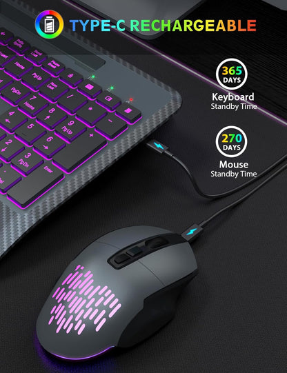 Wireless Keyboard and Mouse Backlits, Wrist Rest, Jiggler Mouse, Rechargeable Ergonomic Keyboard with Phone Holder, Silent Light Up Combo for Computer, Mac, PC, Laptop, Chromebook (Bright Gray)