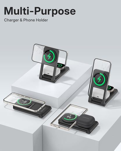 3 in 1 Charging Station for Apple Devices, Magnetic Wireless Charger Stand, 15W Foldable Travel Charging Dock for iPhone 16e 16 15 14 13 12 Pro Max Plus & Apple Watch & AirPods 4 3 2 Pro, Black