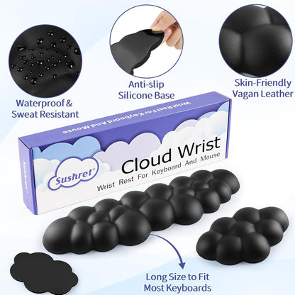 Cloud Wrist Rest Keyboard, Cloud Keyboard Wrist Pad Set with PU Leather Memory Foam, Cute Arm Rest for Palm Support, PC/Gaming Desk Accessories/Office Setup/Computer Hand Cushion - Black