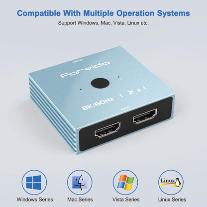 8K HDMI Switch 2 in 1 Out, 8K HDMI Splitter 4K 120Hz 1 in 2 Out for Dual Monitor PC Adapter Hub Bi-Directional Switcher