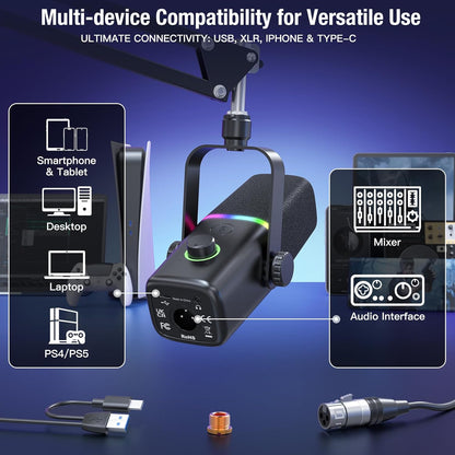 ZealSound XLR/USB Dynamic Microphone for Gaming Podcast,Mic for iPhone Phone PC Computer Gaming Streaming Microphone with RGB Light,Mute Button,Mic Gain,Headphones Jack,Boom Arm Stand,Singing YouTube